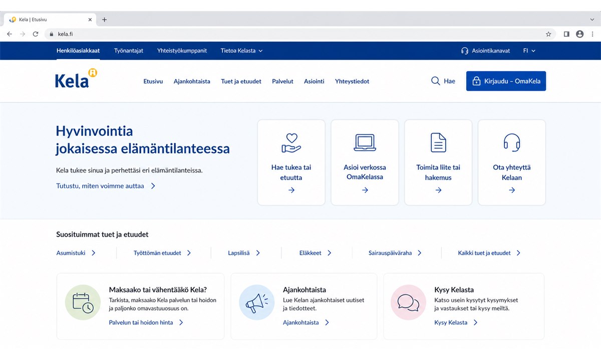 Kela.fi etusivu kirjautumispainike korostettuna