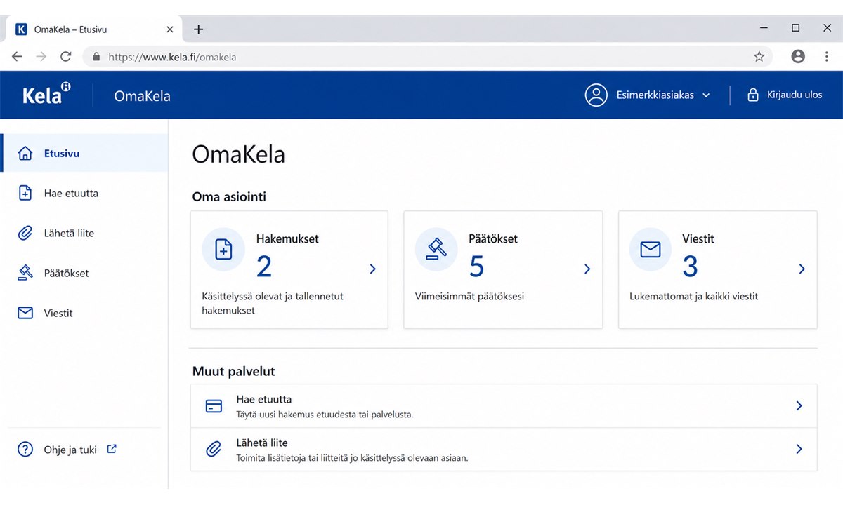 OmaKela henkilökohtainen etusivu etuusvalikolla