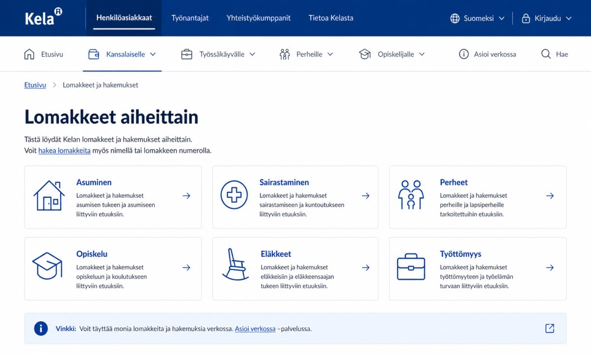 Kelan lomakesivu kategorialistalla, esillä eri etuuskategoriat