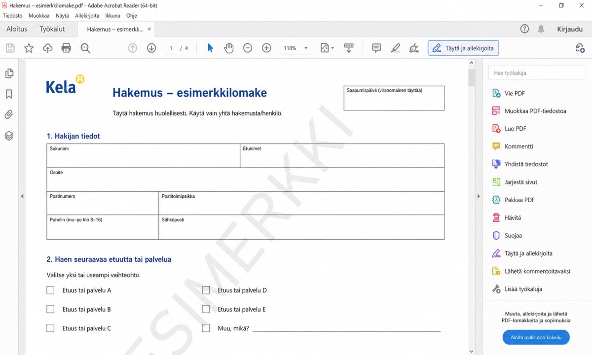 Kelan PDF-lomake auki Adobe Acrobat Readerissa täytettävänä