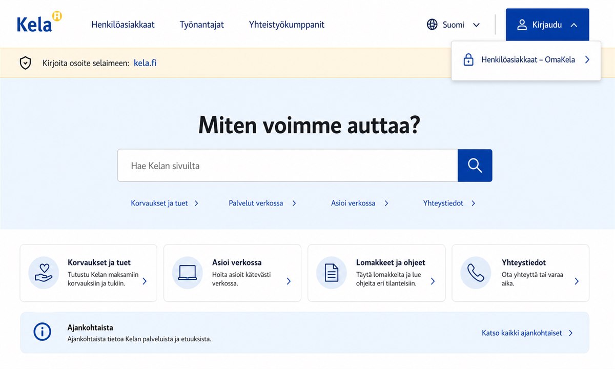 Kelan verkkosivun etusivu ja OmaKela-painike