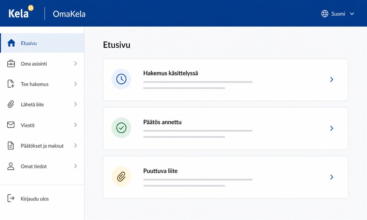 OmaKela sisäänkirjautumisen jälkeinen etusivu ja valikkorakenne
