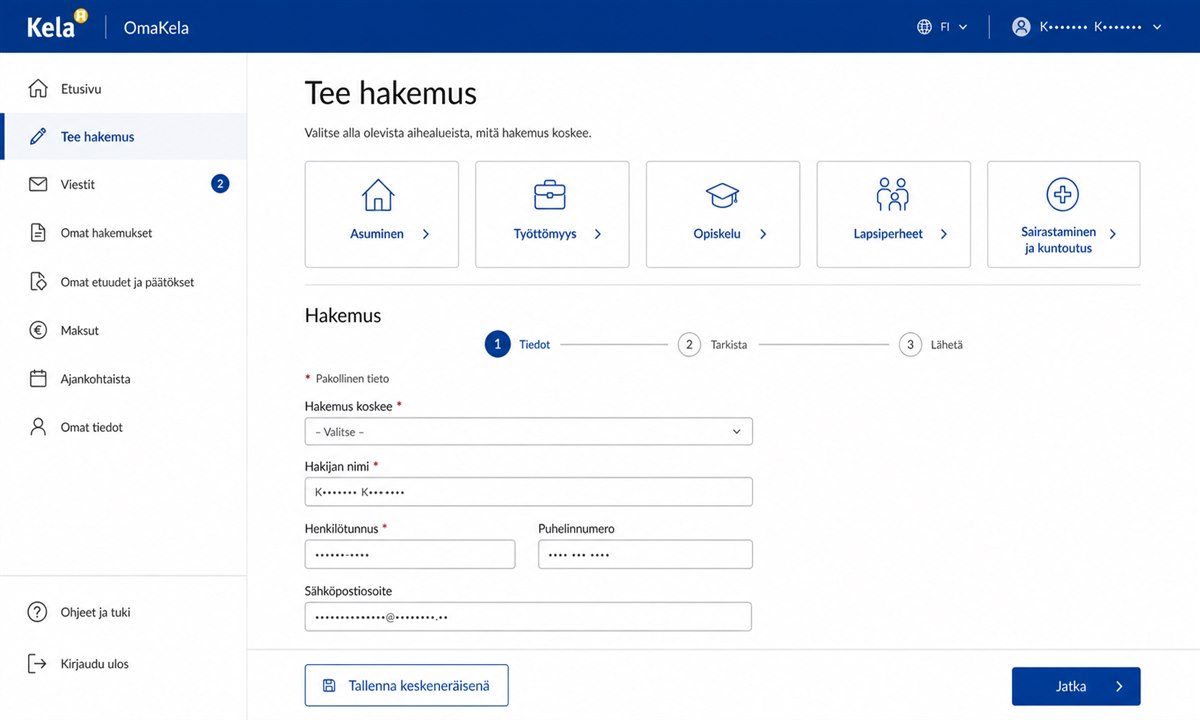 OmaKela etuushakemuksen täyttäminen lomake auki