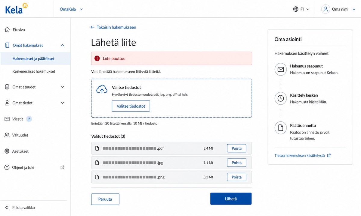 OmaKela liitteen lähettäminen ja hakemuksen tilan seuranta