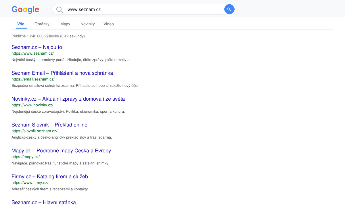 Stránka s výsledky vyhledávání zobrazující odkazy ze Seznamu