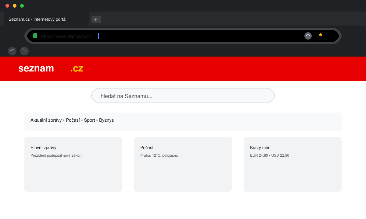 Close-up of browser address bar with user typing the Seznam URL