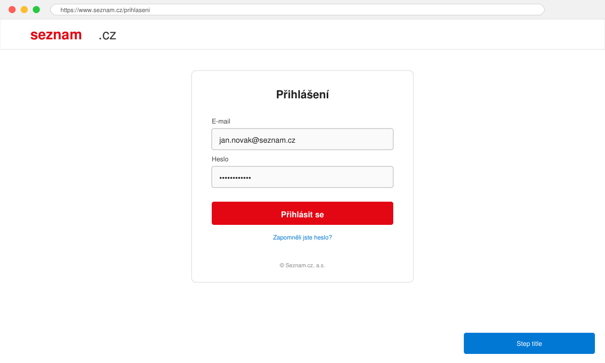 Login screen on Seznam.cz with fields filled in