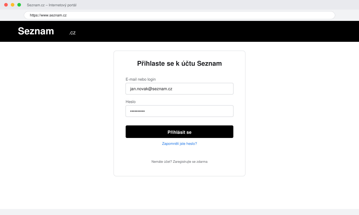 Přihlašovací formulář na portálu Seznam.cz