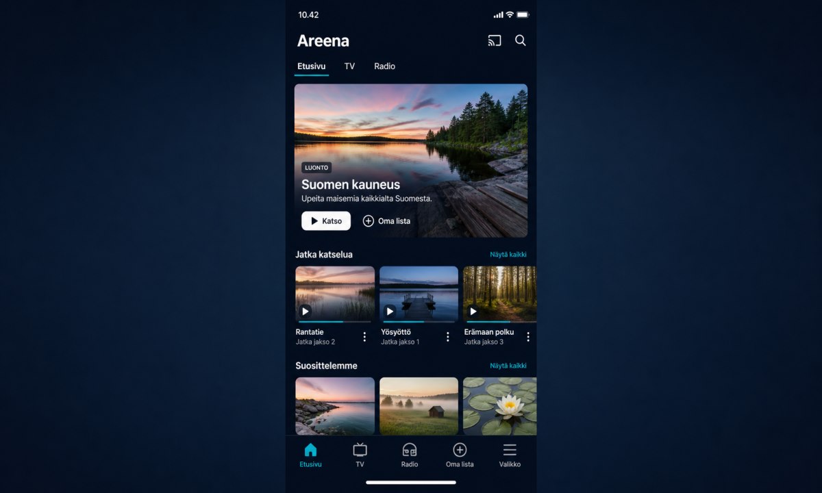 Yle Areena mobiilisovelluksen etusivu