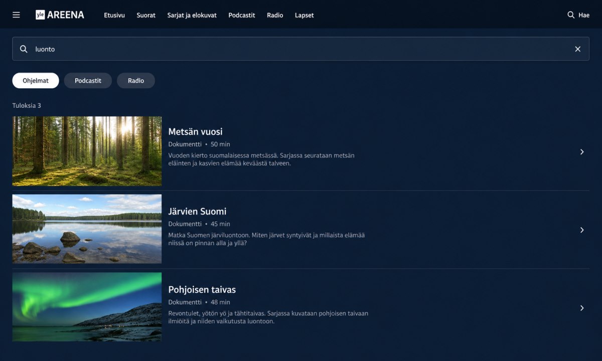 Yle Areena hakutoiminto ja kategoriavalinta
