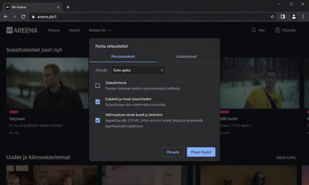 Selaimen välimuistin tyhjennys Chrome Firefox Yle Areena