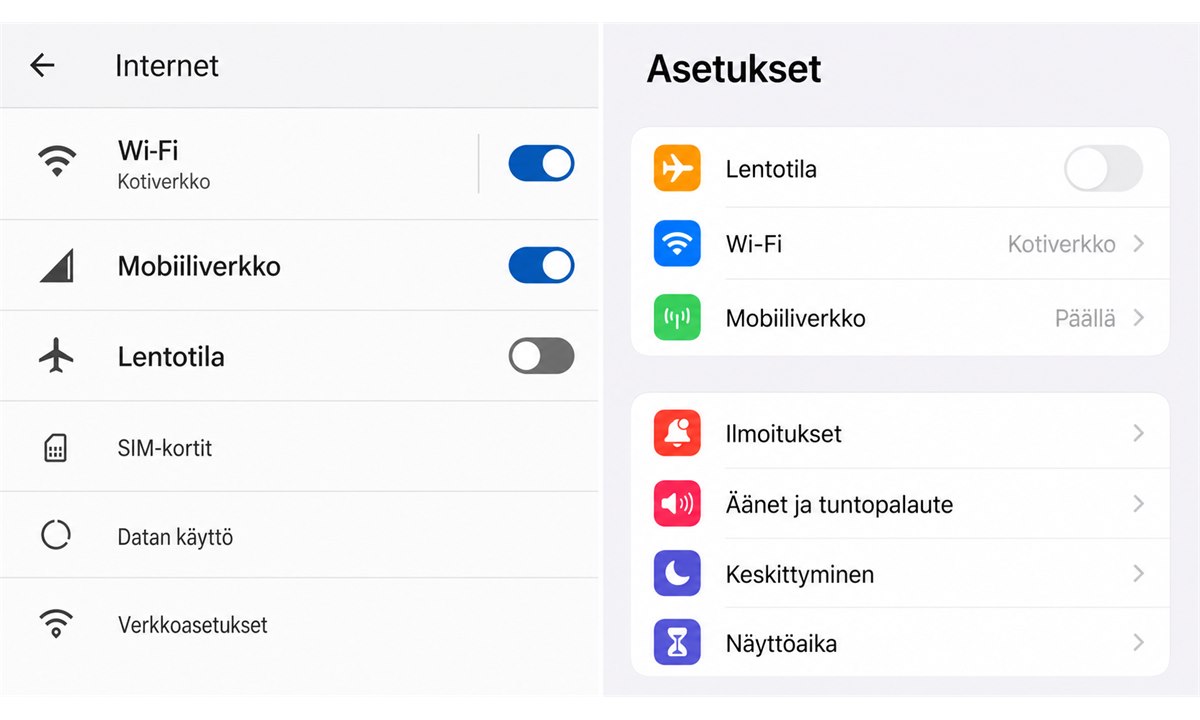 Puhelimen verkkoasetukset Wi-Fi ja mobiilidata