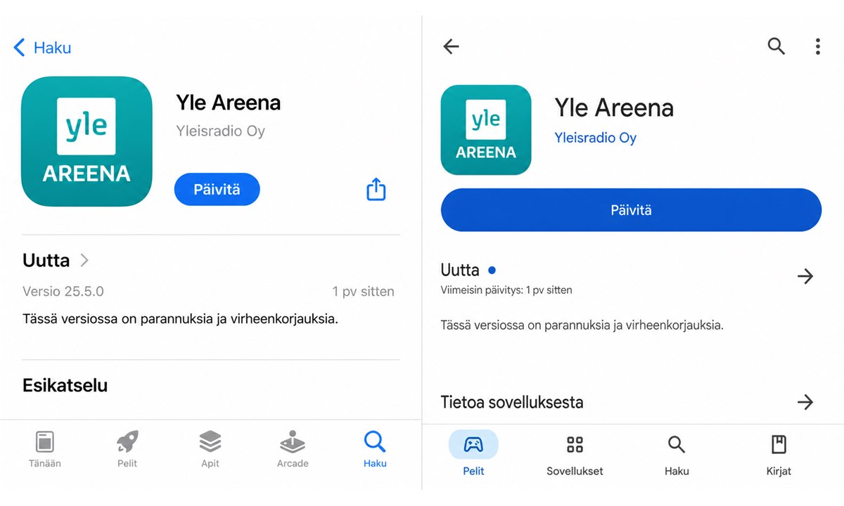 Yle Areena päivitys App Storessa tai Google Playssa