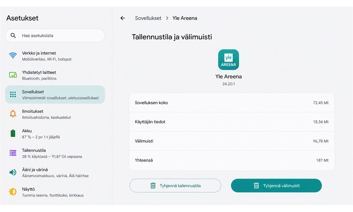 Android sovelluksen välimuistin tyhjentäminen Yle Areenalle