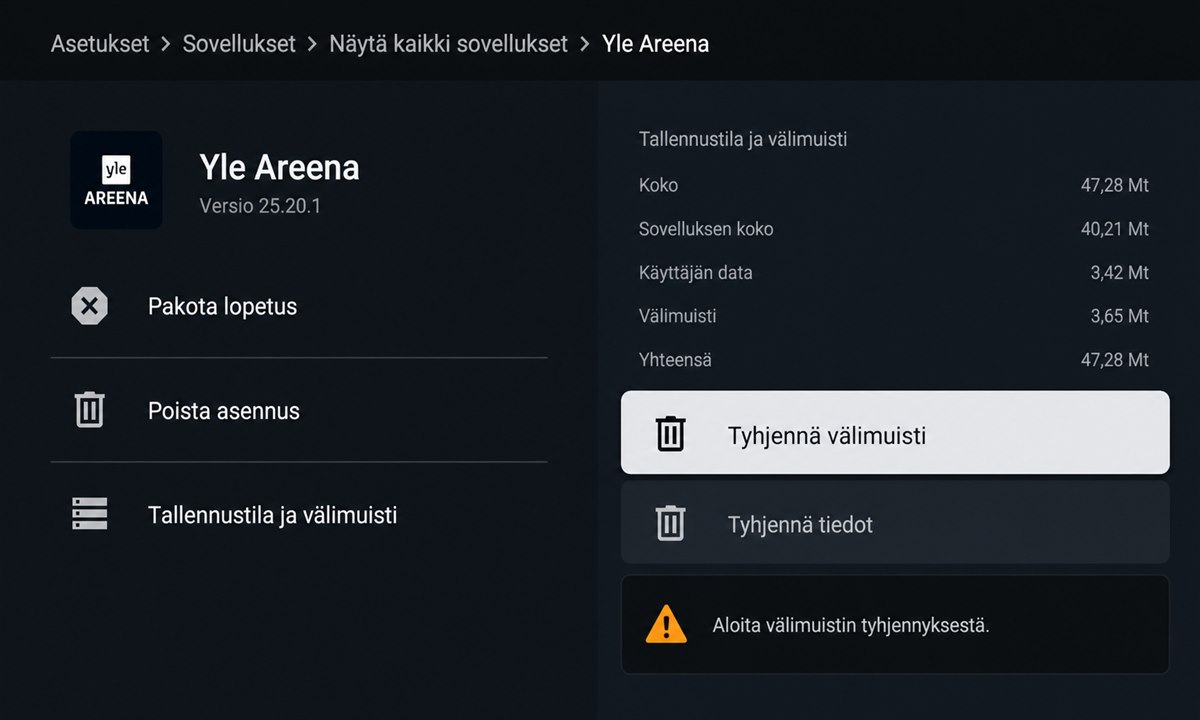 Yle Areena välimuistin tyhjentäminen Android TV:n asetuksissa