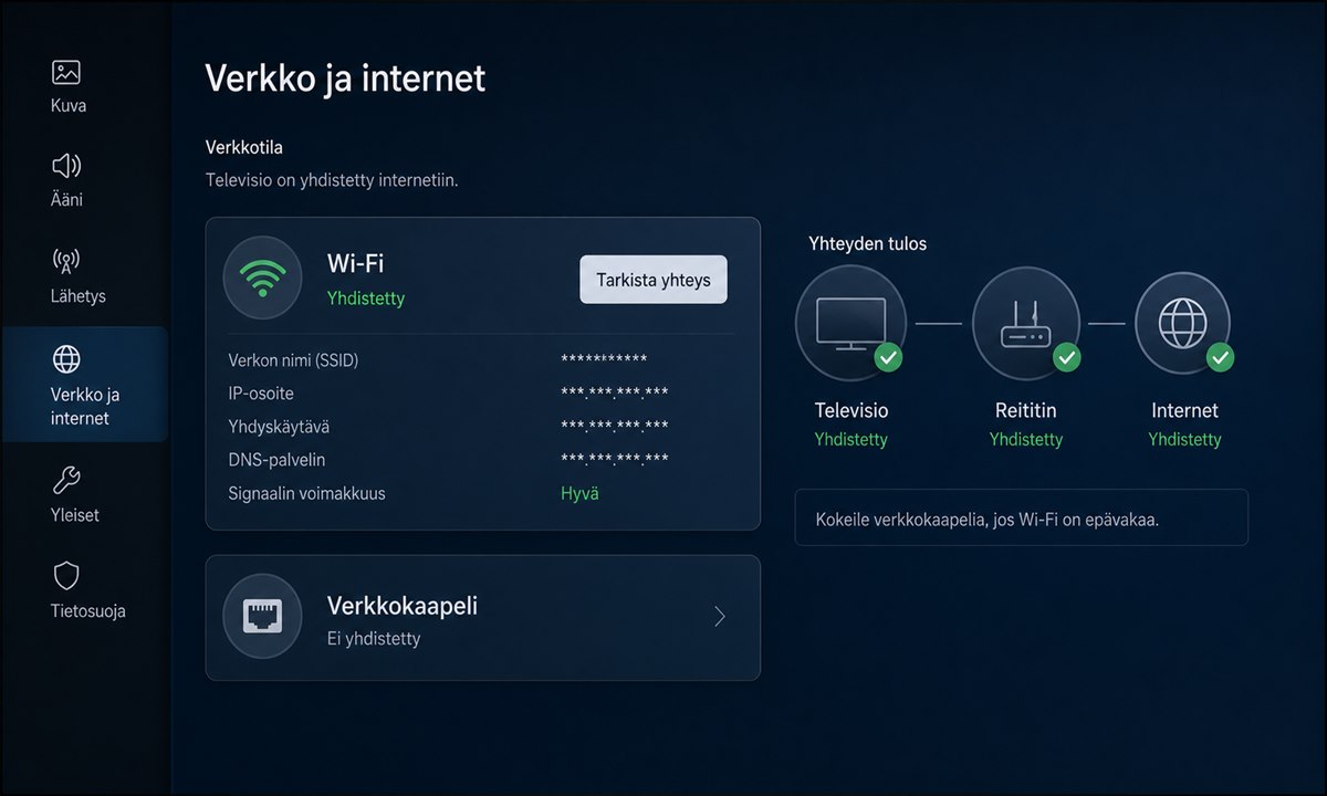 Television verkkoasetukset ja internetyhteyden testaus