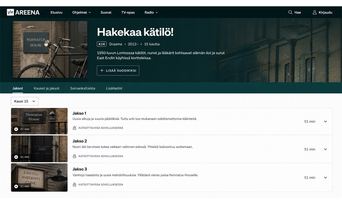 Hakekaa kätilö kausi ja jaksovalinta Yle Areenassa