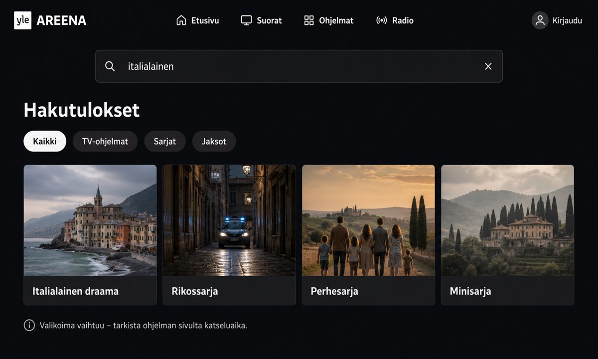 Yle Areena hakukenttä ja hakutulokset italialaisille sarjoille