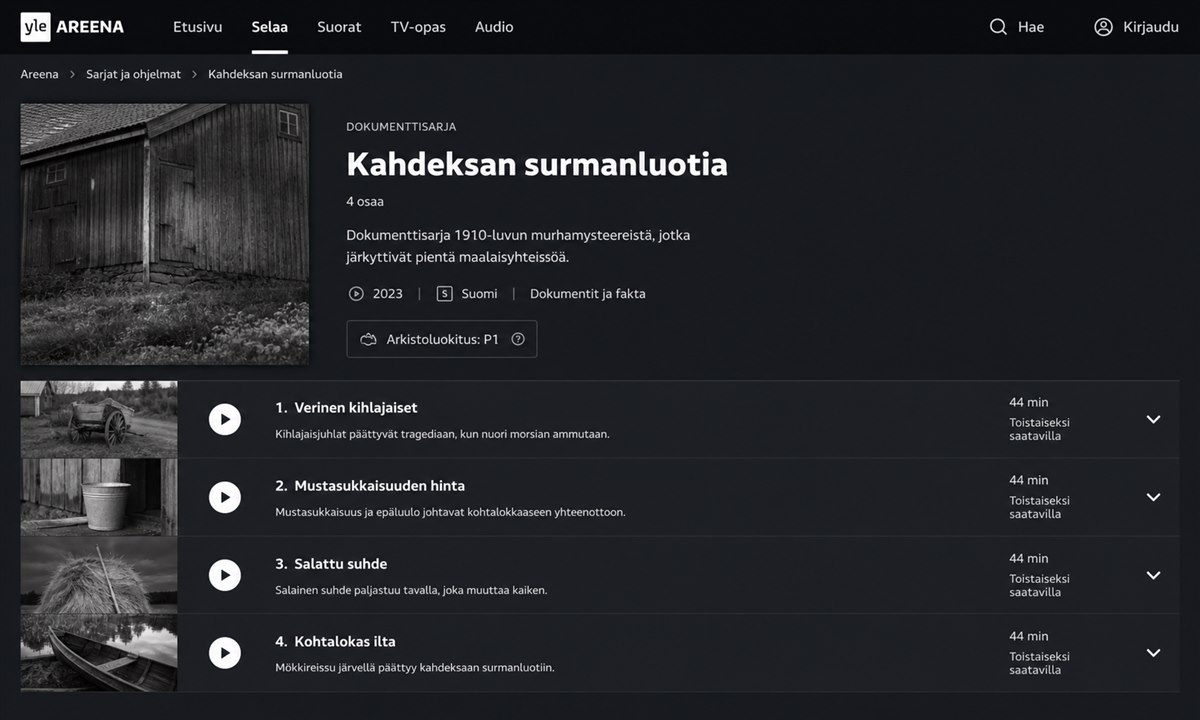 Kahdeksan surmanluotia jaksot Yle Areenassa