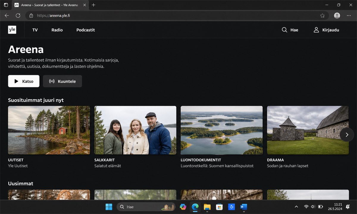 Yle Areena avattuna selaimessa tietokoneella