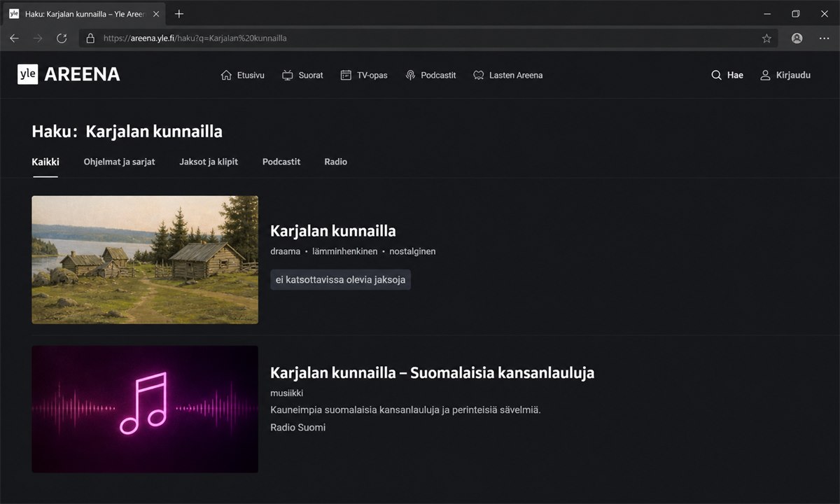 Yle Areena haku Karjalan kunnailla