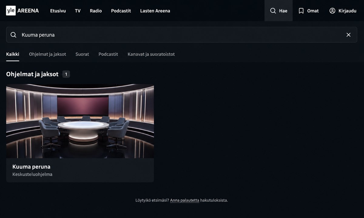 Kuuma peruna haku Yle Areenassa