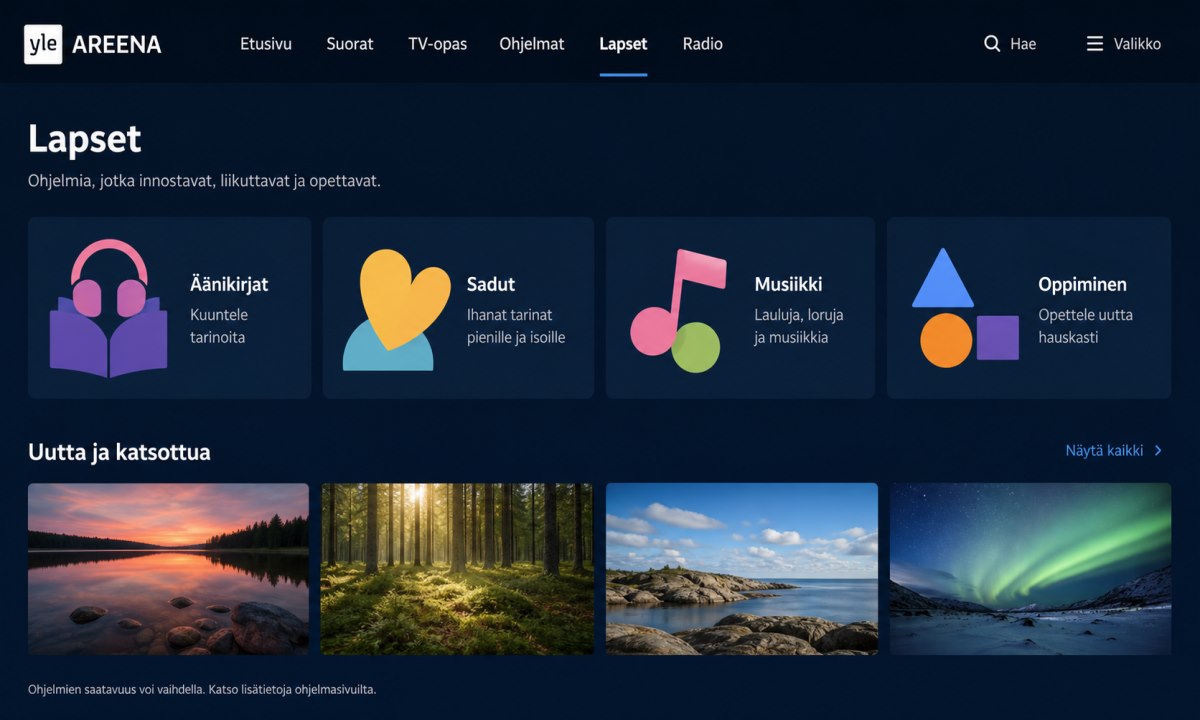 Yle Areena Lapset-osio navigaatio