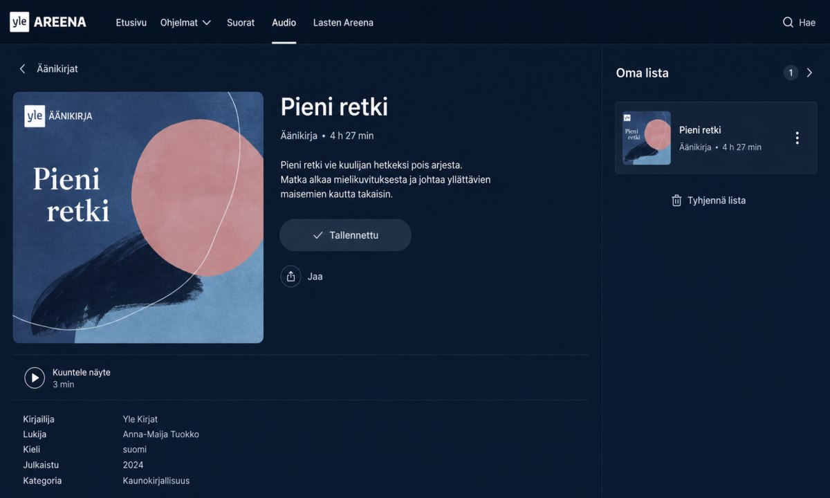 Yle Areena oma lista äänikirja tallentaminen