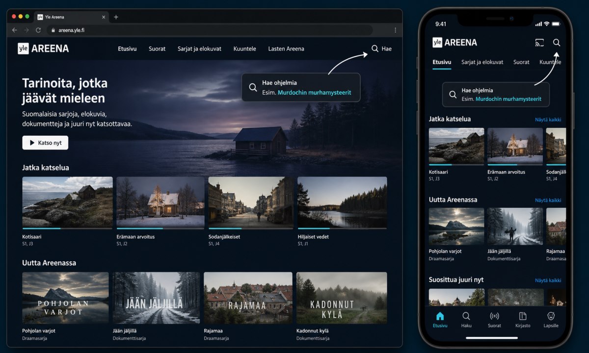Yle Areena avaaminen selaimessa ja sovelluksessa