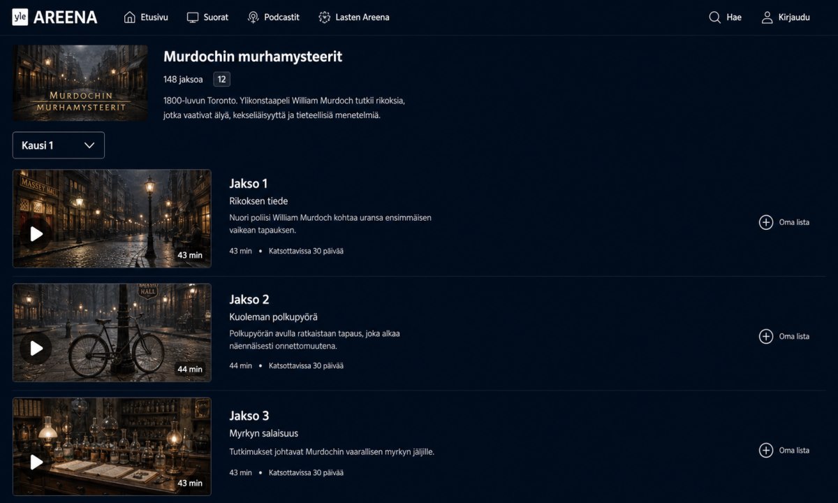 Murdochin murhamysteerit kausiluettelo Yle Areenassa