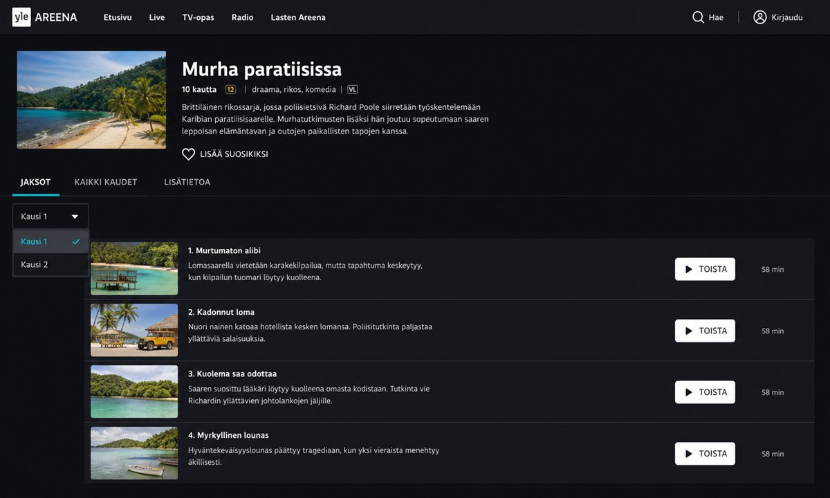 Murha paratiisissa tuotantokaudet Yle Areenassa