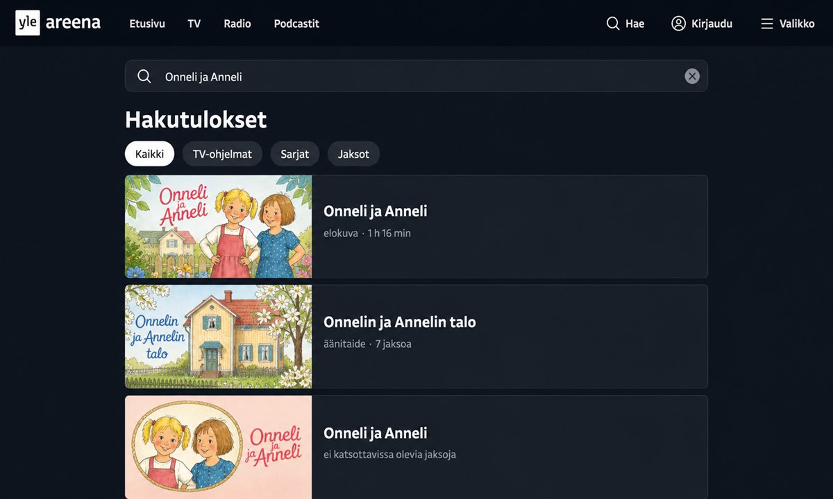 Onneli ja Anneli haku Yle Areenassa
