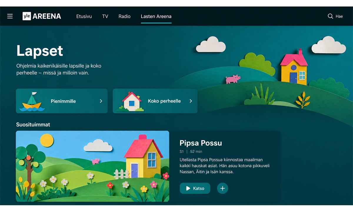 Yle Areena lasten ohjelmat osio navigaatiossa