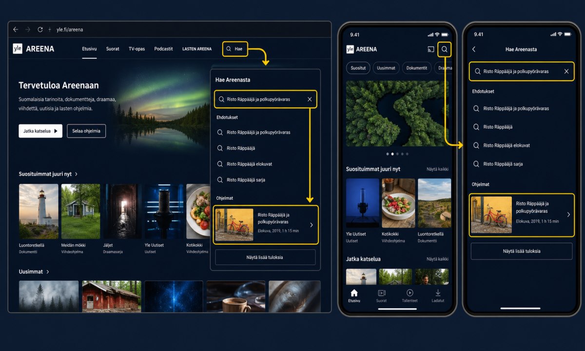 Yle Areena etusivu selaimessa ja mobiilisovelluksessa