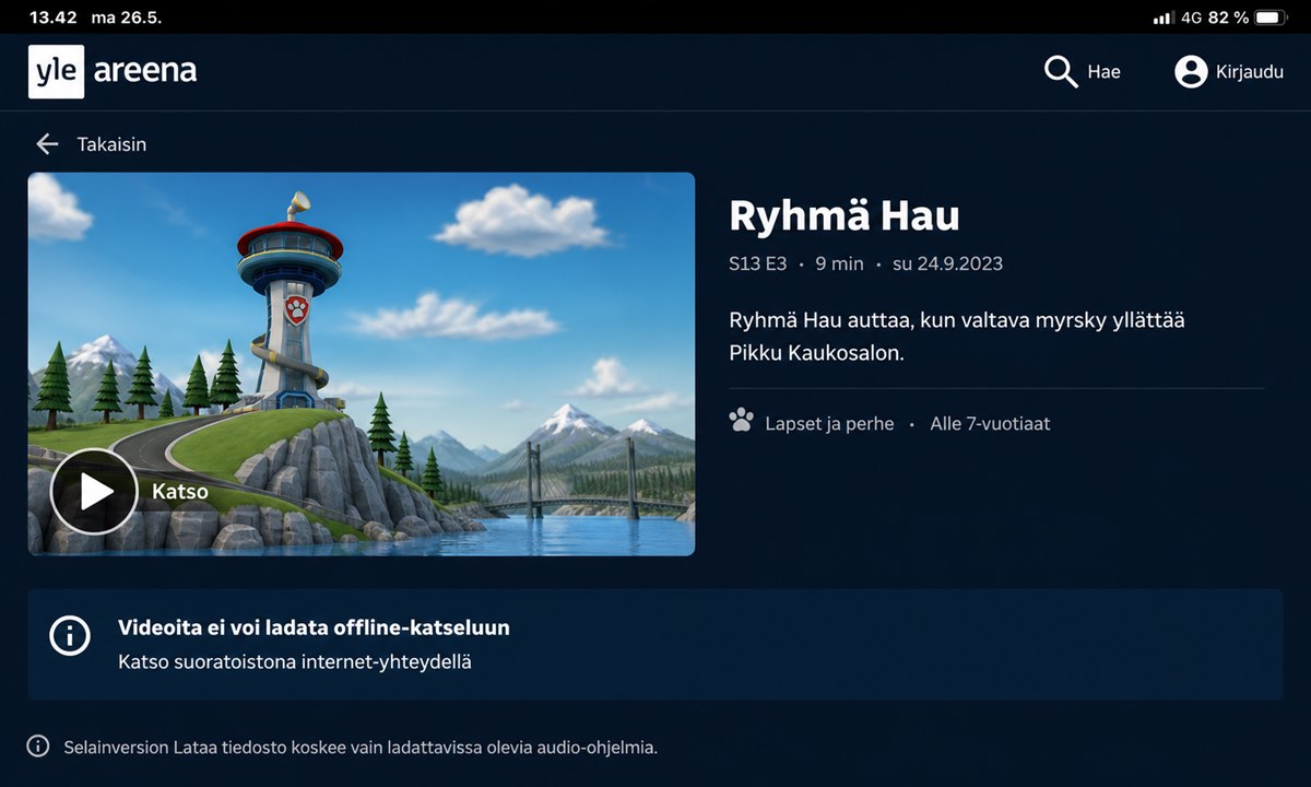 Ryhmä Hau jakson lataaminen offline-tilaan Yle Areena sovelluksessa