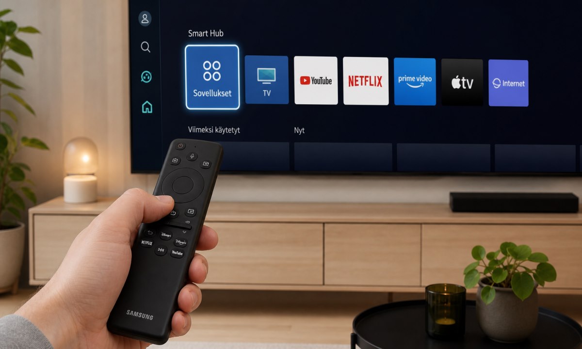 Samsung Smart Hub etusivu ja sovellusvalinta kaukosäätimellä