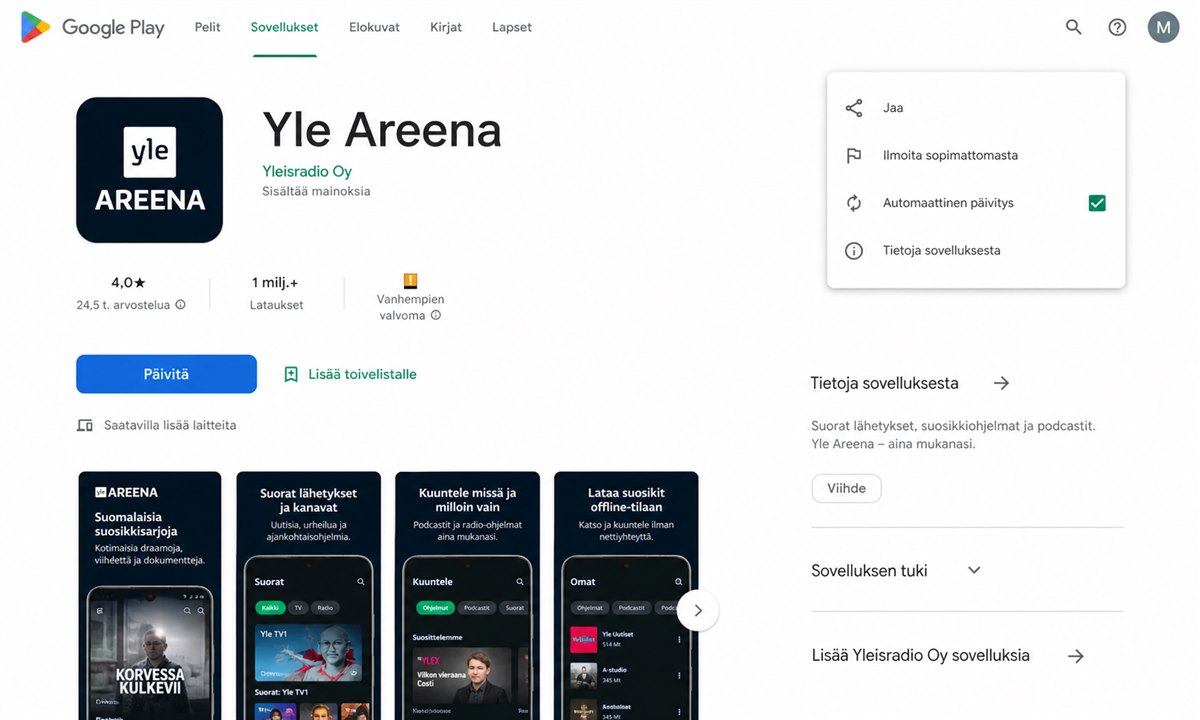 Yle Areena sovelluksen päivitys App Storessa