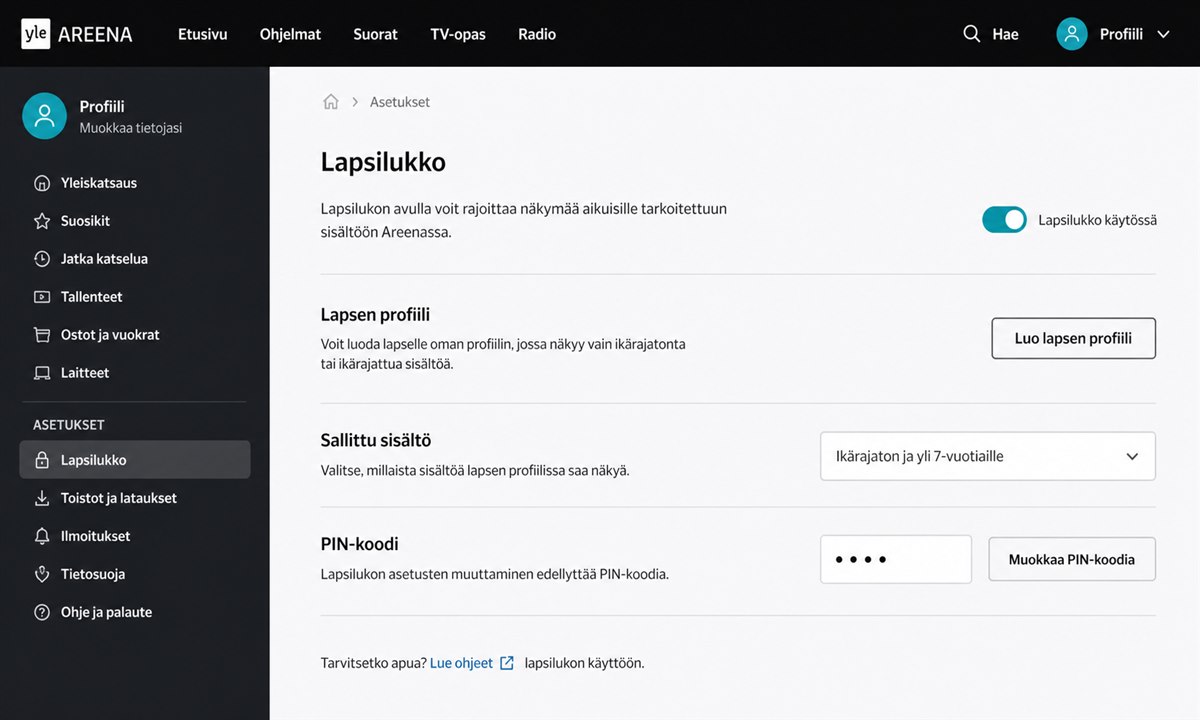 Yle Areena lapsiystävälliset asetukset