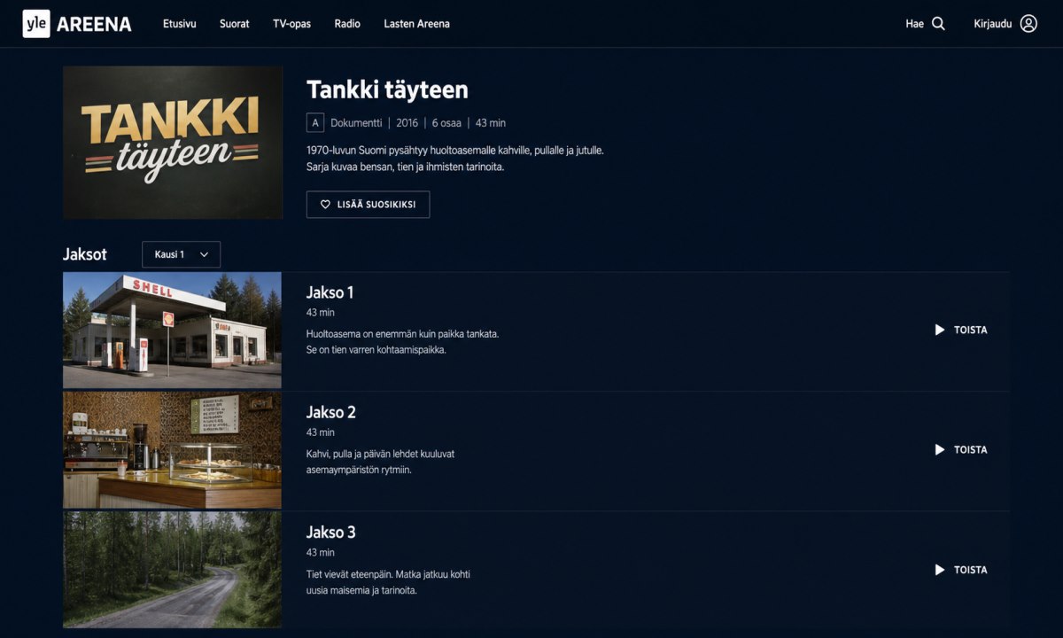 Tankki täyteen jaksoluettelo Yle Areena