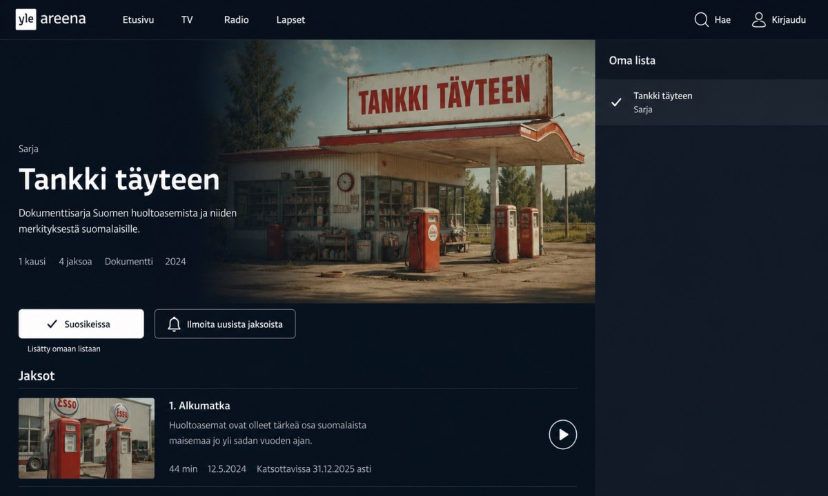 Tankki täyteen lisääminen seurantalistaan Yle Areenassa