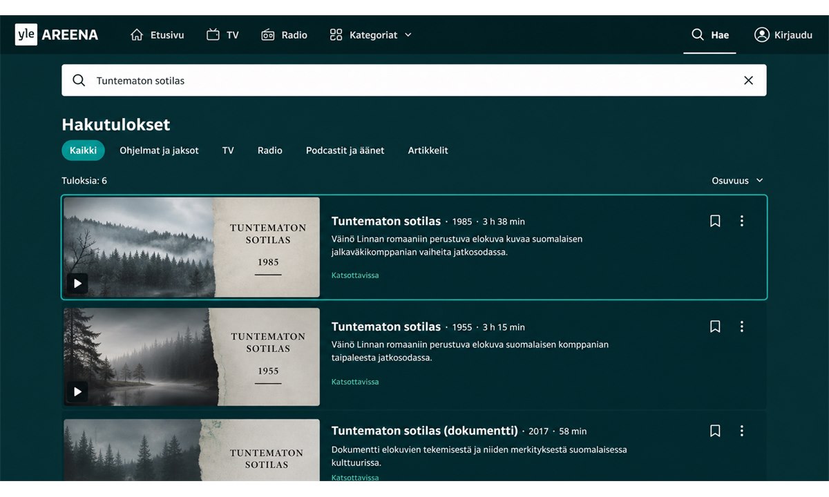 Yle Areena hakutulos 'Tuntematon sotilas' -haulla, vuosi 1985 korostettuna