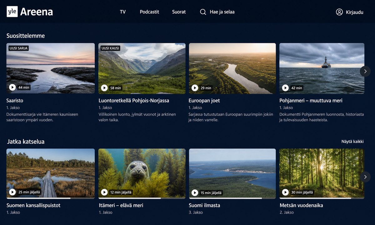 Yle Areena etusivu selaimessa