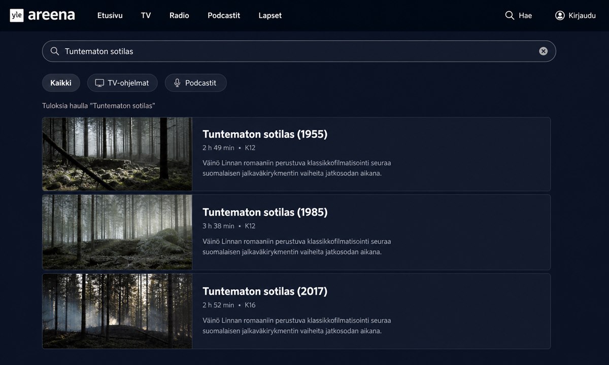 Hakutulos Tuntematon sotilas Yle Areenassa