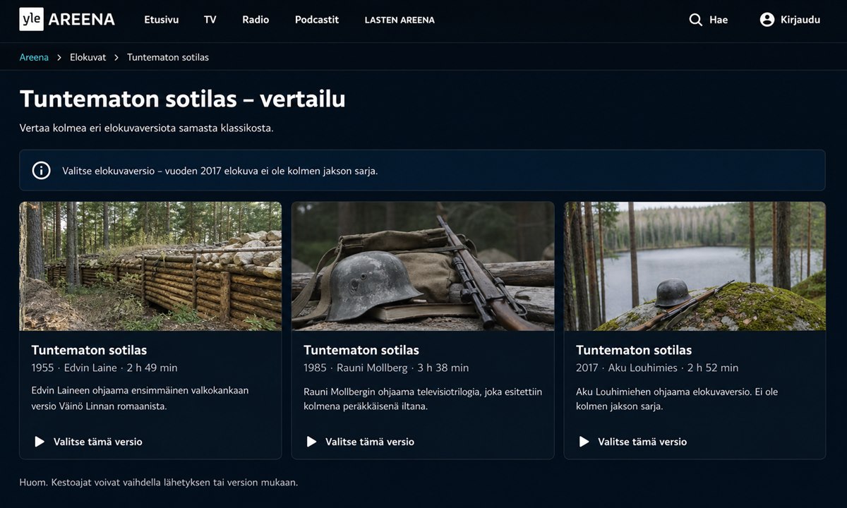 Tuntematon sotilas eri versiot Yle Areenassa
