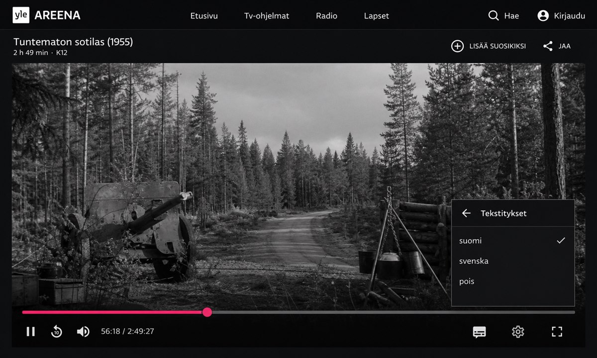 Yle Areena videosoitin tekstitysasetukset