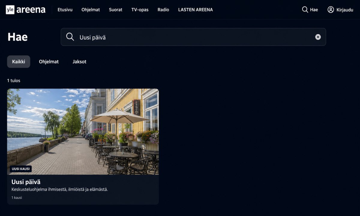 Yle Areena hakukenttä johon kirjoitetaan Uusi päivä