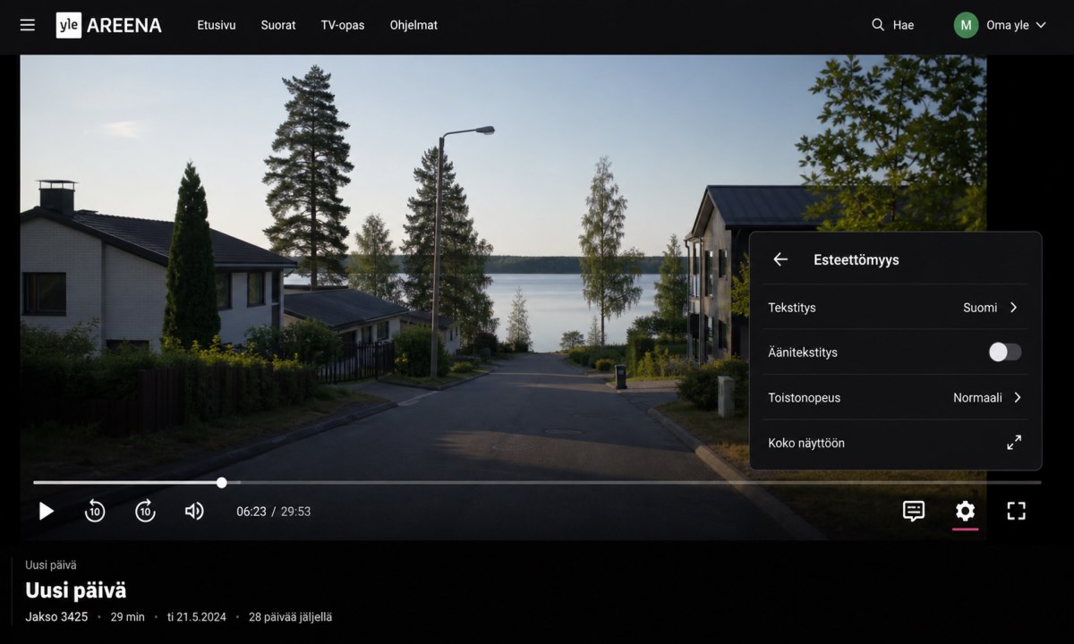 Yle Areena videotoistin tekstitysasetukset Uusi päivä -sarjalle