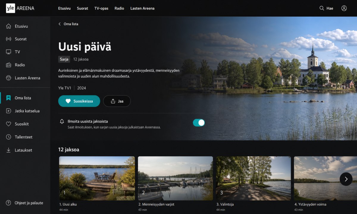 Uusi päivä lisääminen suosikkeihin sydän-ikonilla Yle Areenassa