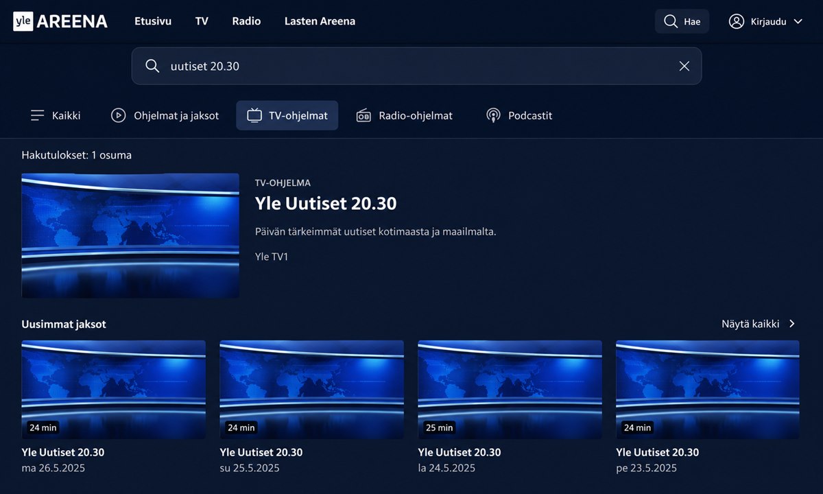 Yle Areena hakutoiminto uutiset 20.30 hakusanalla