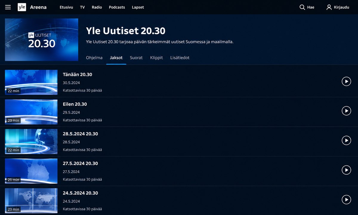 Yle Areena uutisten arkisto jaksoluettelo